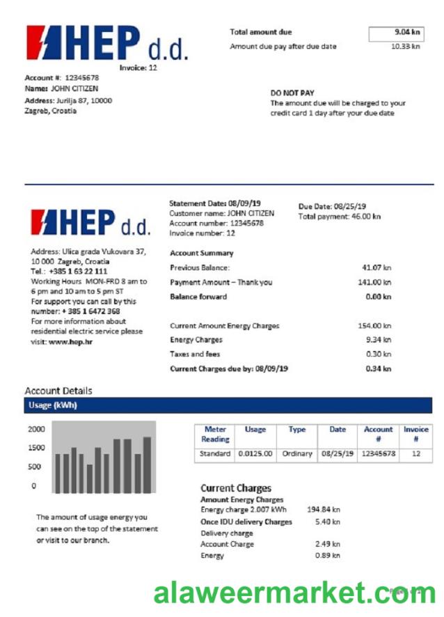 Croatia Hrvatska Elektroprivreda electricity utility bill